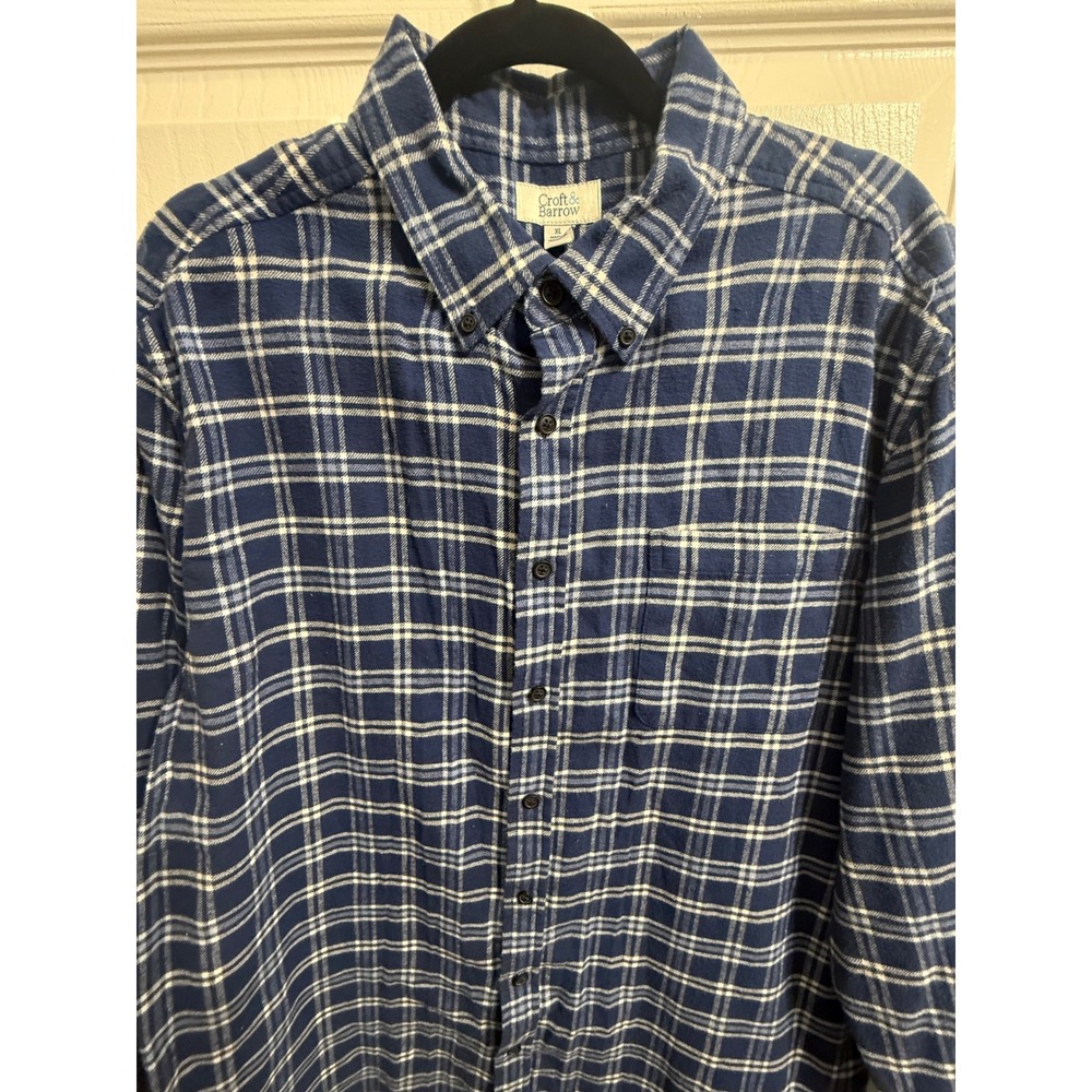 Croft & Barrow Mens XL Blue White Plaid Flannel Long Sleeve Button Down Shirt